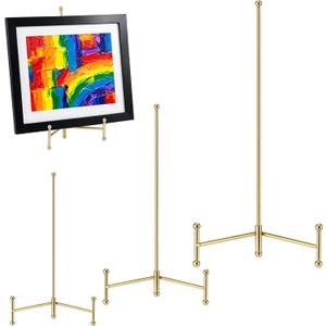 Gerrii 3 Pcs 12 10 8 Inch Gold Easel Stand Picture Frame Stands for Display Metal Tripod Easel Plate Display Stands Photo Standing Metal Holder for Picture, Book, Photo, Creation, Collectibles