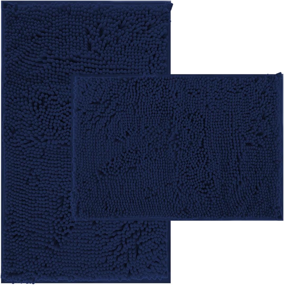 Non Slip Washable 2 Piece Extra Absorbent Shaggy Chenille Bathroom Rugs and Mats Sets, Soft & Dry Bath Rug/Mat Sets for Bathroom Washable Carpets Set Navy Blue Blue