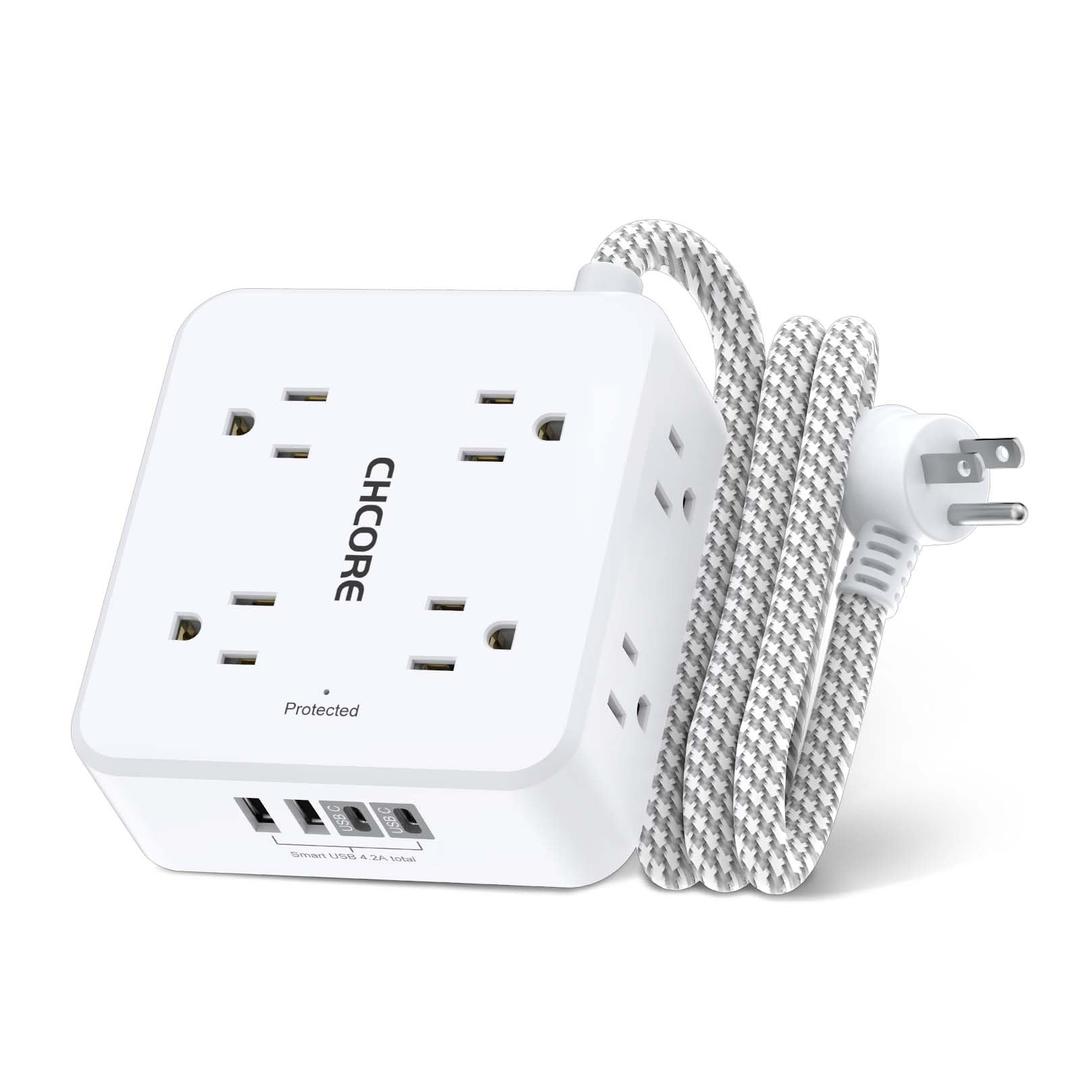 Surge Protector Power Strip - CHCORE 5Ft Braided Extension Cord with 8 Outlets with 4 USB (2 USB C) Charging Ports, Flat Plug Multi Plug Outlet Extender Charging Station for Home Office, ETL, White