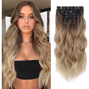 WECAN Clip in Hair Extension 20 Inch Ombre Blonde 6PCS Natural Long Wavy Curly Hairpieces for Women Thick Synthetic Fiber Double Weft Hair Full Head