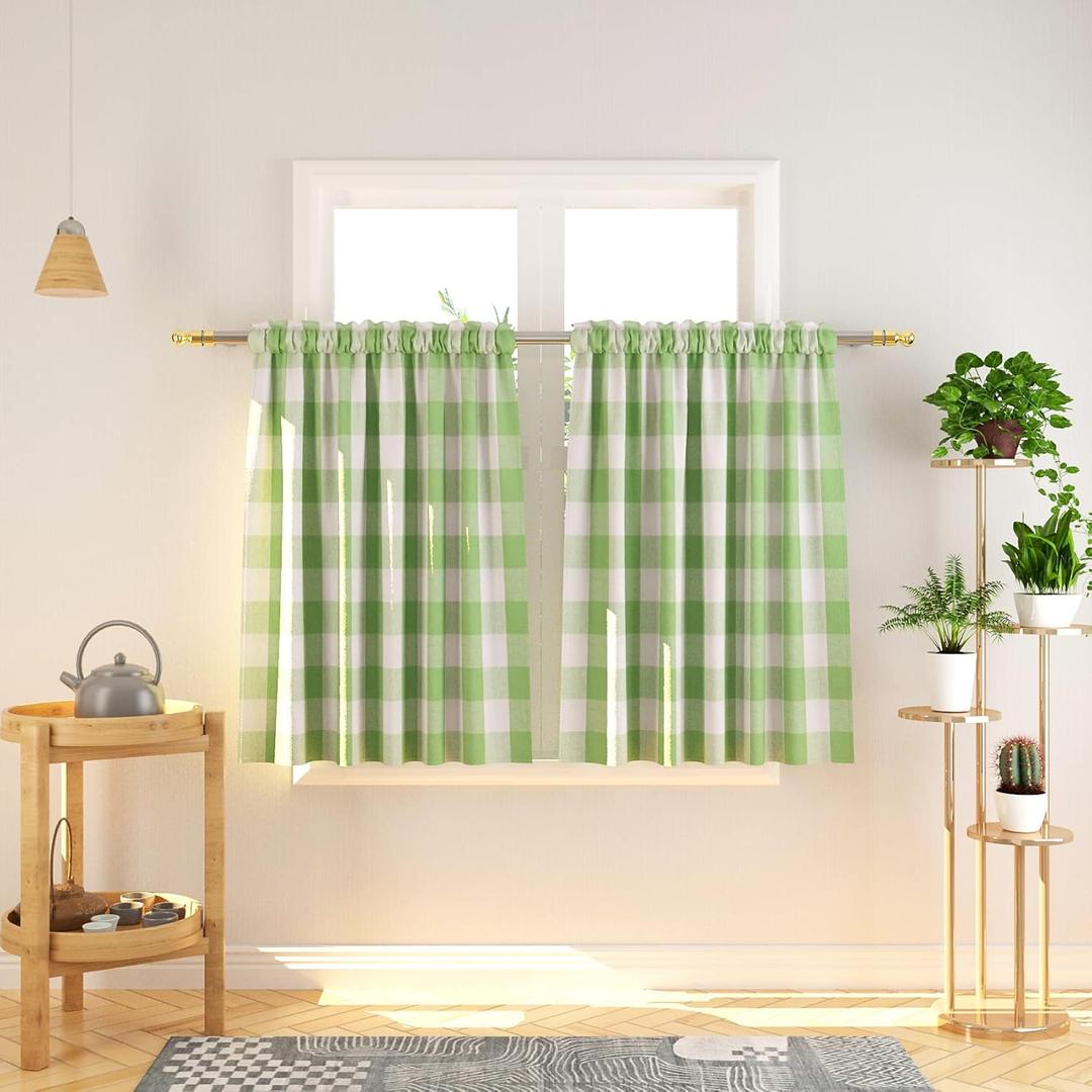 Buffalo Tier Curtains 36 inch Length Plaid Gingham Rod Pocket Short Window Small Kitchen Cafe Curtain Bathroom Window Curtains 2 Panels Green & White, Size: 27"W x 36"L (Pack of 2)