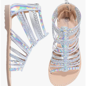 Girls Gladiator Sandals Shimmer Strapped Summer Flat Open Toe Ankle Sandals with Heel Zipper for Little/Big Kids Size 1US