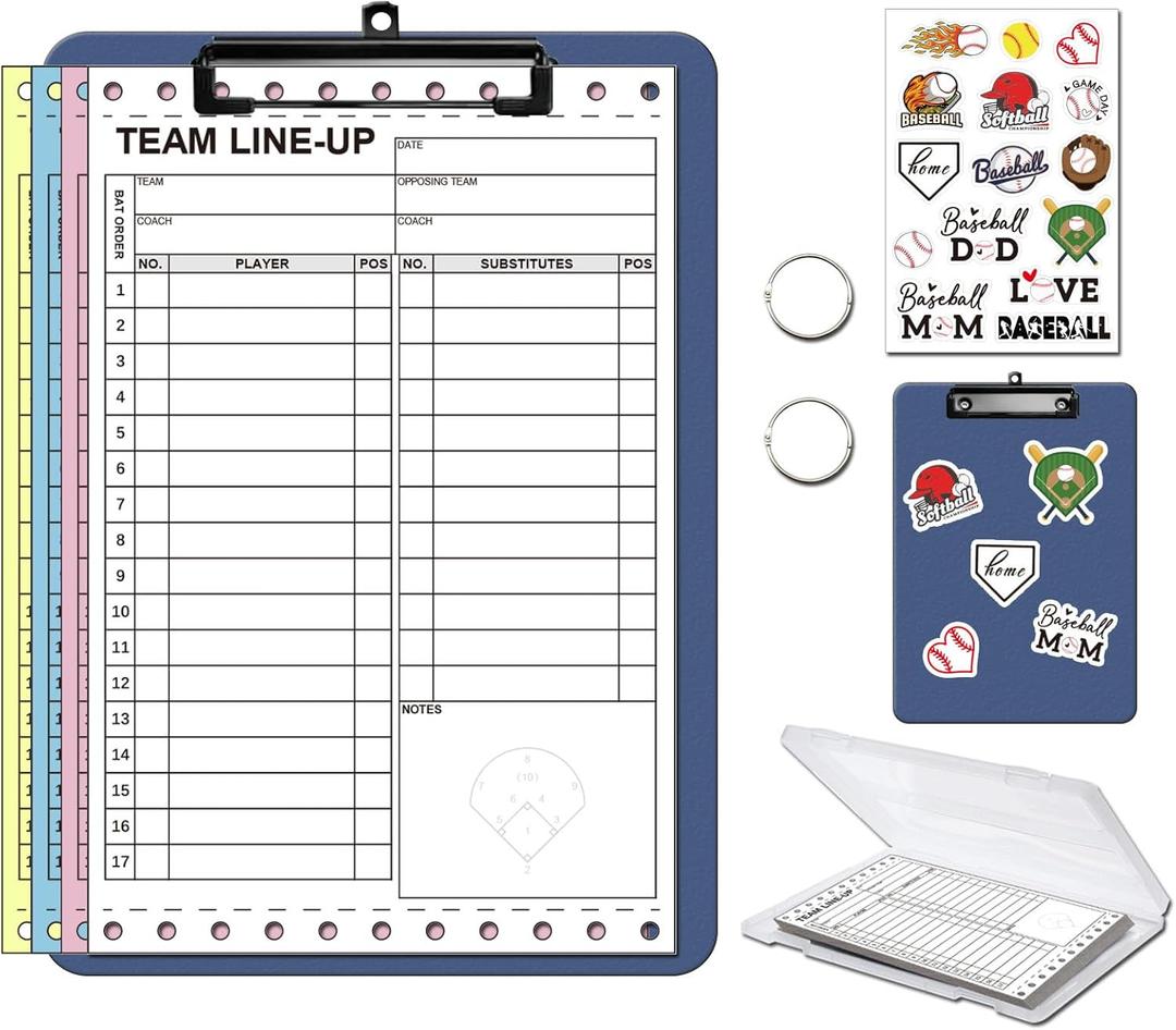Personalized Baseball & Softball Lineup Cards for 35 Games Softball with 17 Player Roster 4-Part Form Copy with Writing Clipboard Storage Box Personalized Stickers and Loose Leaf Binder Ring