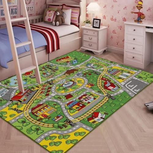 Booooom Jackson Large Car Rug 4’4" × 6’3",Train Track Car Mat for Kids Toy Cars,City Road Car Carpet,Kids Play Rug,Playmat Race Track Play Mat Playroom Area Rug
