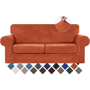 WEERRW Velvet Couch Covers for 2 Cushion Couch Sofa - High Stretch Luxury Velvet Plush 3 Pieces Sofa Slipcovers with Elastic Bottom, Furniture Protector for Pets, Machine Washable, Pumpkin, Medium