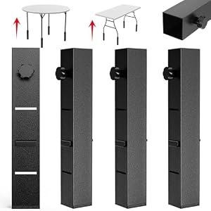 4 Pack Folding Table Leg Extenders, Highly Durable Steel Folding Table Leg Risers, Folding Desk Legs Extensions for Straight｜Bent Legs, 3 Levels Adjustable Height Tables Extender Rise 2.3in｜4.3in｜6.3in