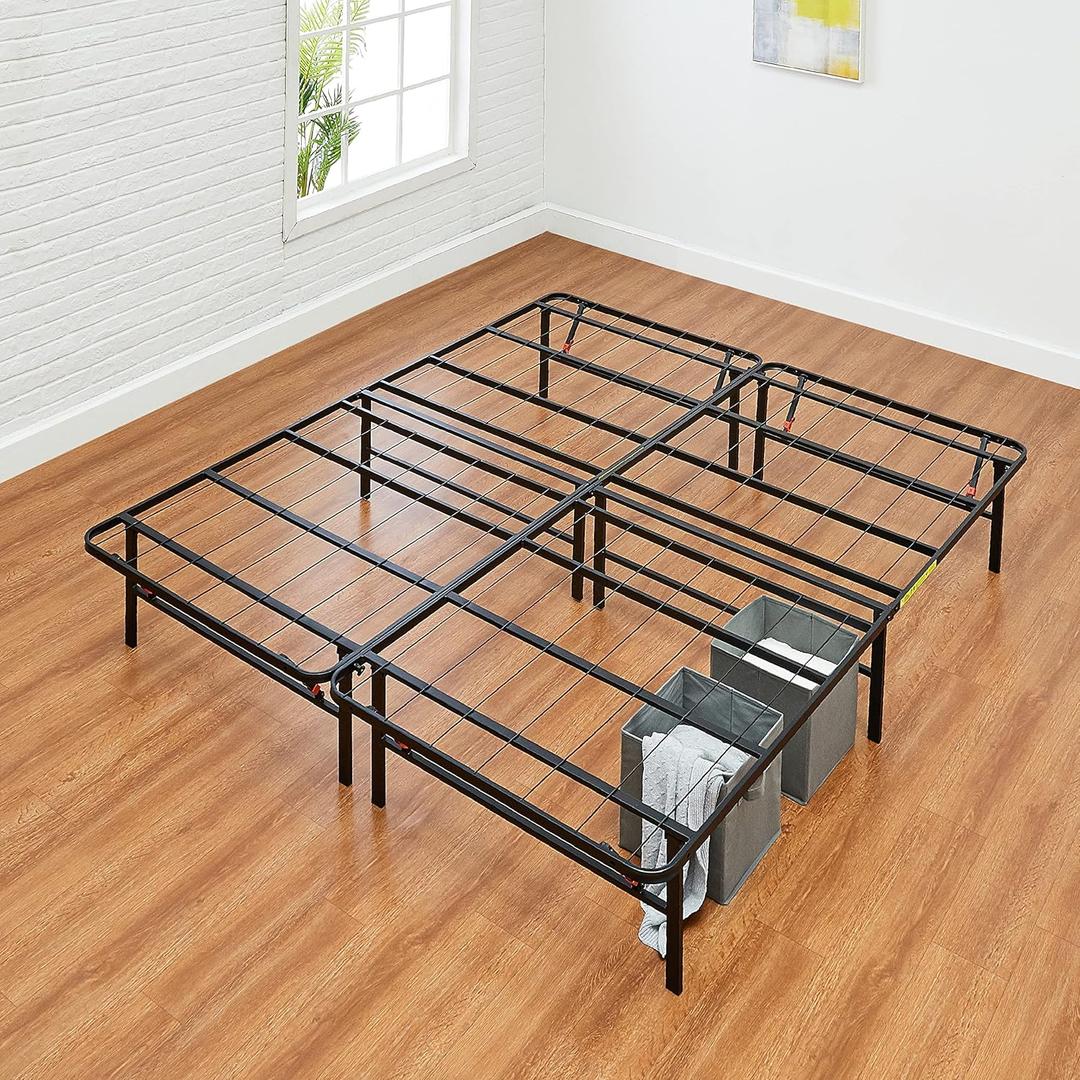 Amazon Basics Bed Frame with Storage, Foldable Metal Platform, Sturdy Steel, No Box Spring Needed, 14-inch High, Tool-Free Setup, Queen Size, Black
