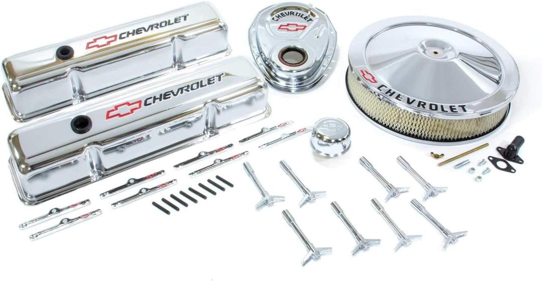 Proform 141-900 Chrome Engine Dress-Up Kit with Black Chevrolet/Red Bowtie Logo for Small Block Chevy