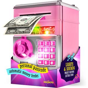 Piggy Bank for Kids - Electronic Money Saving Box w/Code- ATM Safe - Toy Coin Bank - Toys for Girls Age 3, 4, 5, 6, 7 - Birthday Gifts for 8, 9, 10, 11, 12 Year Old Girl (Pink & Silver), 5 inches x 5 inches x 7.5 inches