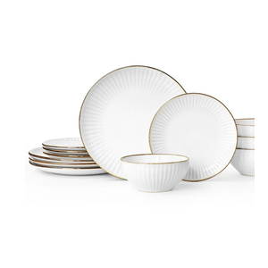 Famiware Eden Plates and Bowls Sets, Stoneware Dinnerware Sets with Gold Trim, 24 Pieces Dishes Set for 8 - Chip and Scratch Resistant, Microwave and Dishwasher Safe, White Stripe