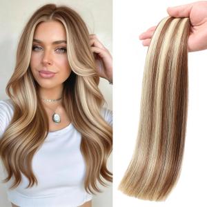 Butterfly Weft Hair Extensions Human Hair Mixed Golden Brown Double Weft Hair Extensions Real Human Hair 16 Inch Butterfly Invisible Weft Hair Color 4/22# with Micro Beads,Glueless Install 100g