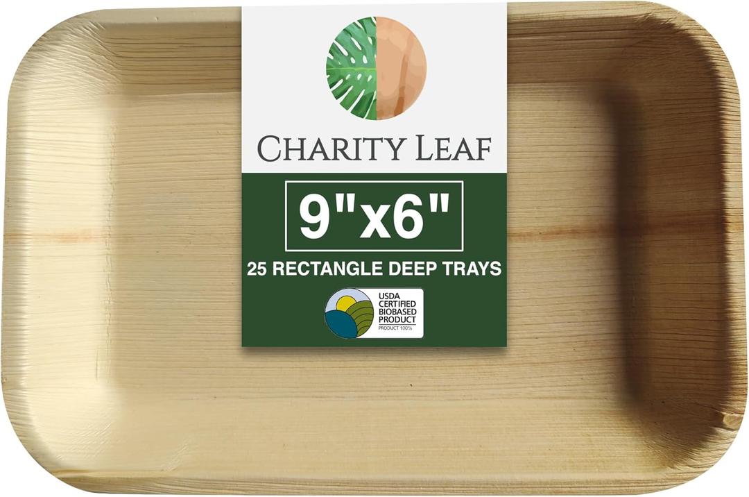 Charity Leaf Eco-Friendly Palm Leaf Trays (50-Pack) - 9"x6" | Elegant Bamboo-Style Platters | Perfect for Weddings & Events | Compostable & Biodegradable Green Serveware