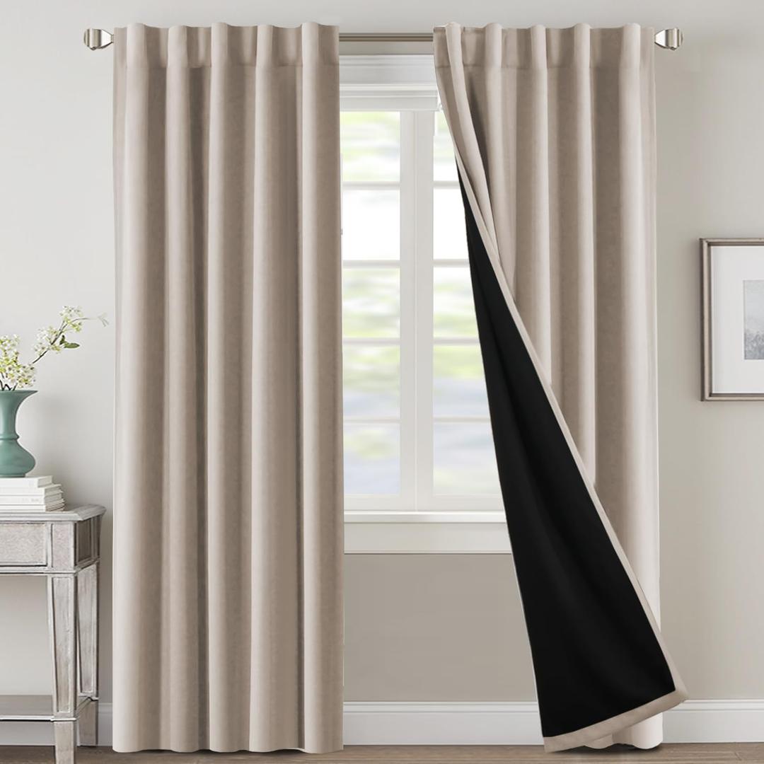 H.VERSAILTEX 100% Blackout Curtains for Bedroom with Black Liner Full Room Darkening Curtains Thermal Insulated Back Tab/Rod Pocket Window Drapes for Living Room, 2 Panels, 42 x 84 Inch, Natural