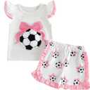 Toddler Girl Golf Outfits Baby Hole In One Golf Fly Sleeve T-shirt Tops+Ruffle Trim Shorts 2Pcs Girls Summer Clothes, 18-24 Months, Soccer Bow Embroidered White
