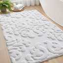 DEXI Bathroom Rug 17x30, Non Slip Washable Bath Mat for Shower Floor, Absorbent Soft Bathmat with Rubber Backing, Plush Fluffy Microfiber Floral Retro Carpet, White