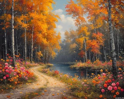 AUKVLZS Paint by Number, Vibrant Fall Foliage Scene, Adult Crafts Adults' Paint-by-Number Kits, Room Decor Gift for Birthday Festival (16x20 inch, No Frame), Lively