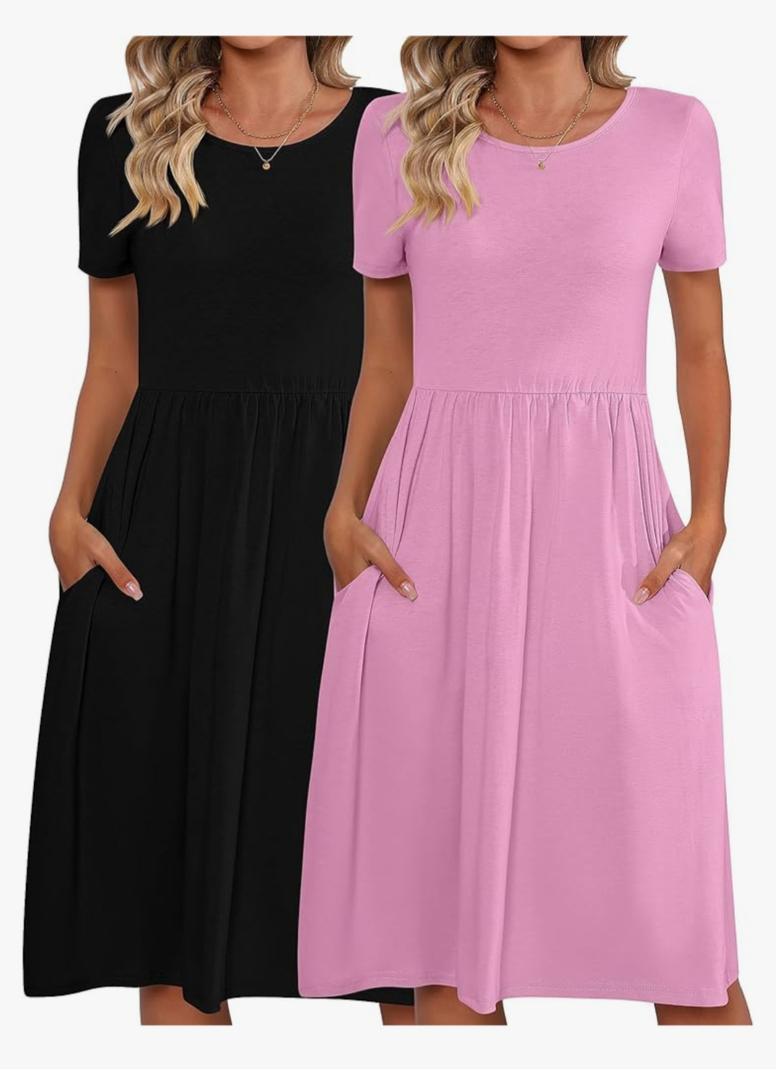 Riyiper 2 Pack Women Short Sleeve Dresses, Loose Fit Casual T Shirt Dress, Ladies Knee Length Swing Dress with Pockets Pink and Gray L