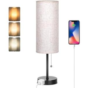 Dott Arts 18" Table Lamp for Bedroom, 3-Color Bedside Lamps with Pull Chain, Bedroom Table Lamps for Nightstand,AC Outlet Small Lamp for Living Room, Bulb Included Flax