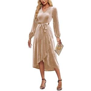 ETOSELL Women's Velvet V Neck Puff Sleeve Dress for Wedding Guest Cocktail Elegant Bodycon Party Midi Dress Champagne XL