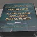 FOCUSLINE Gold Plastic Plates Set of 102, Disposable Plates with Gold Grid Rim 51 Dinner Plates 10" and 51 Salad Dessert Appetizer Plate 7", Elegant Fancy Heavy Duty Wedding Party Plate