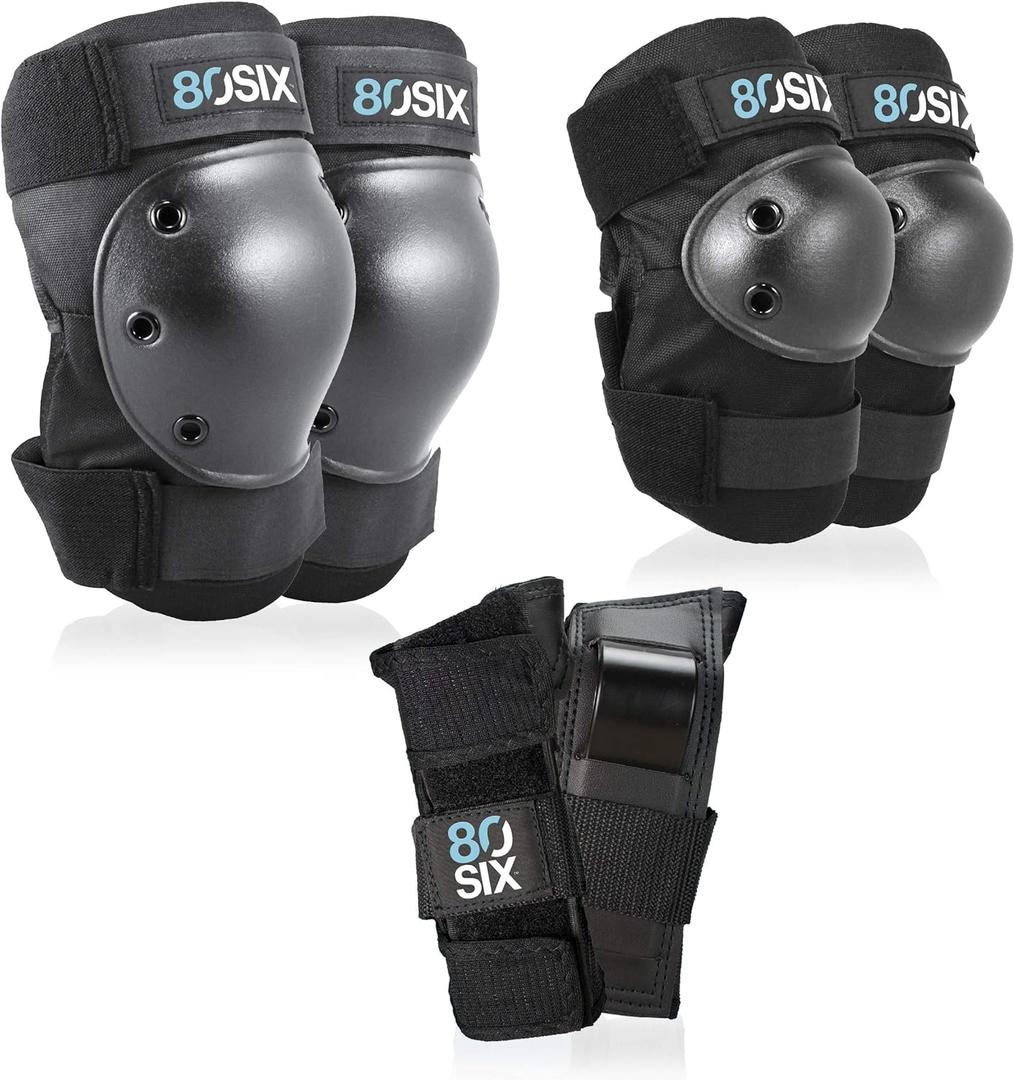 80SIX Multi-Sport Pad Set Protective Gear for Skateboarding, Biking, Roller Skating, and Scooter (8+ Small/Medium, Black)