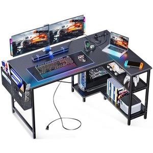 ODK 48 Inch Small L Shaped Gaming Computer Desk with Power Outlets, Corner Desk with Reversible Storage Shelves & PC Stand for Small Space, Modern Simple Home Office Table, Carbon Fiber Surface, Black