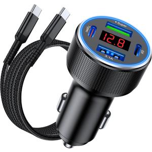 USB C Car Charger Fast Charging USB C Cable, 78W 4 Port iPhone 16 15 Car Charger Adapter with Voltmeter Cigarette Lighter USB Charger for iPhone 16 Pro Max/15 Plus/14/13/12, Samsung Galaxy, iPad
