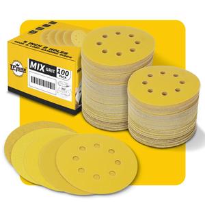100PCS 5 Inch 125mm 8 Hole Sanding Discs Sandpaper Mixed Grits - Premium Gold Round Hook and Loop for Random Orbital Sander (60, 80, 120, 220, 320 Grit Variety Pack)