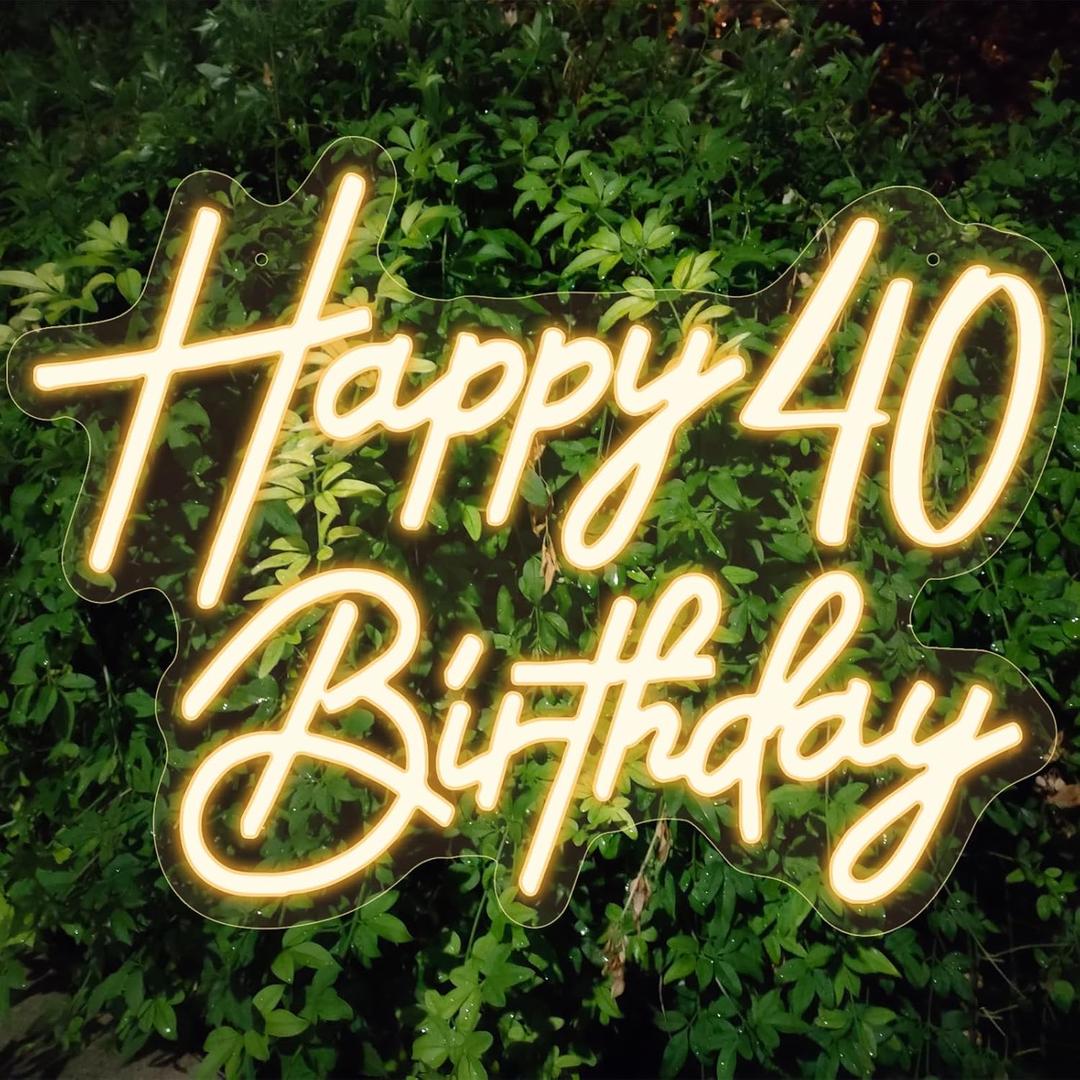 Happy 40th Birthday Neon Sign 15.7" x 11.8", Neon Happy Birthday Sign for Backdrop with Dimmable Switch, Birthday Light Up Sign Party Decoration (Warm White)