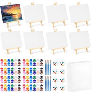 Acrylic Paint Set with 8 PCS 11.8In Easel & 16 PCS 8X10In Canvas, Painting Canvas Panel with Easel, Art Canvas Painting Kit with Brushes & Paint Trays for Kids Teenagers Acrylic Oil Water Color Gift