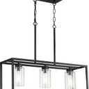 Black 3-Light Dining Room Light Fixture, Modern Farmhouse Chandeliers, Linear Rectangular Kitchen Island Lighting, Industrial Vintage Pendant Lighting with Clear Glass Shade Height Adjustable