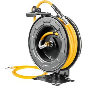 Steel Retractable Air Hose Reel 3/8" Inch x 50' Feet Hybrid Polymer Hose, Heavy Duty Air Hose Reel included Auto Rewind Reel | Quick Air Coupler | Heavy Duty Steel Frame