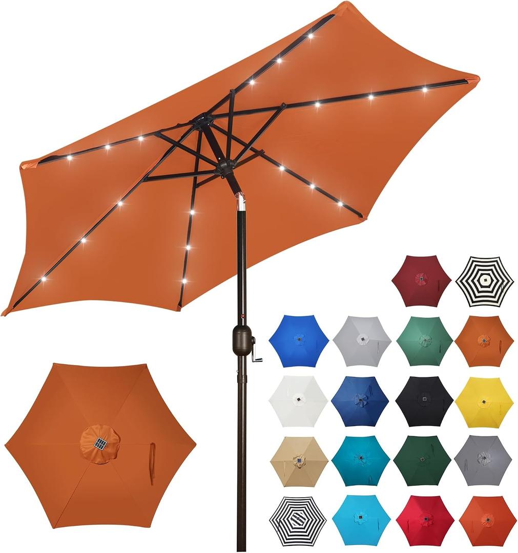 Blissun 7.5 ft Solar Umbrella, 18 LED Lighted Patio Umbrella, Table Market Umbrella, Rust