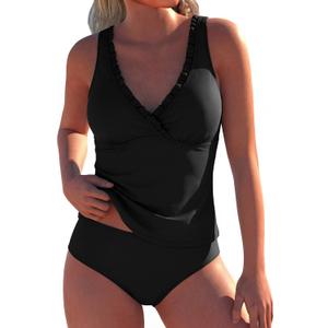 ZAFUL Tankini Swimsuit for Women 2026 Modest Bathing Suits Two Piece Ruffle V Neck Ladies Swimwear (Black, L)
