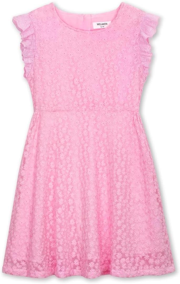Girls Cotton Dress with Floral Mesh Flutter Sleeves Back Zipper for Kids Pink (Pink)