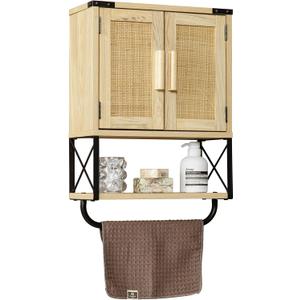 RUSTOWN Farmhouse Rustic Medicine Cabinet with Two Barn Door, Boho Wood Wall Mounted Storage Cabinet with Adjustable Shelf and Towel Bar, 3-Tier Cabinet for Bathroom, Living Room(Rattan)