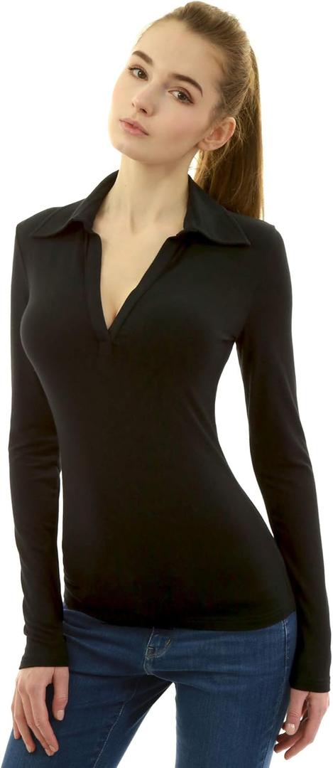 AmlieBoutik Women Collar V Neck Long Sleeve Polo Shirt (Black, XS)