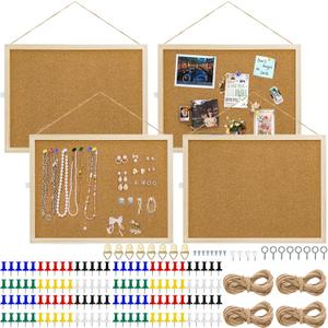 Lyellfe 4 Pack Cork Bulletin Boards, 15.7 x 12 Inch Thick Cork Tiles with Frame Push Pin Hanging Rope, Double Side Rectangle Message Notice Board for Office School Home Decor