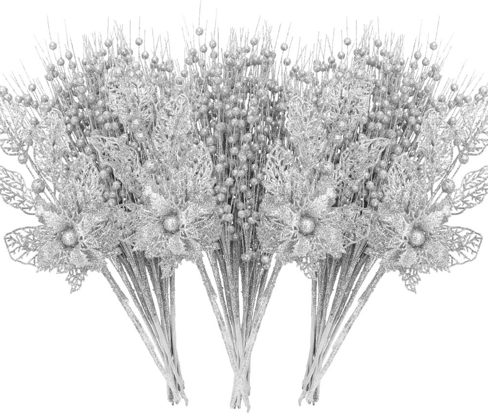 ROSELEAF 28 Pack Christmas Tree Ornaments, Artificial Glitter Berry and Flowers Stem Silver Branches Picks for Xmas Tree Decoration Gift Small Vase Home Holiday Wedding Party Decor