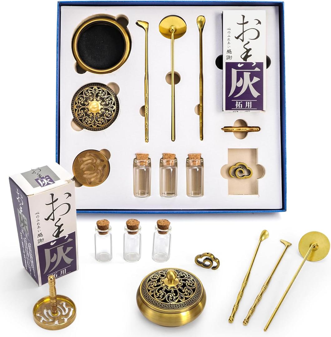 12 Pcs Incense Burner Kit, Brass Powder Ash Making Set with Censer, Chinese Incense Art Mold Press Tool, Home Fragrance Holder in Gift Box for Relaxation, Meditation, Yoga, Aromatherapy