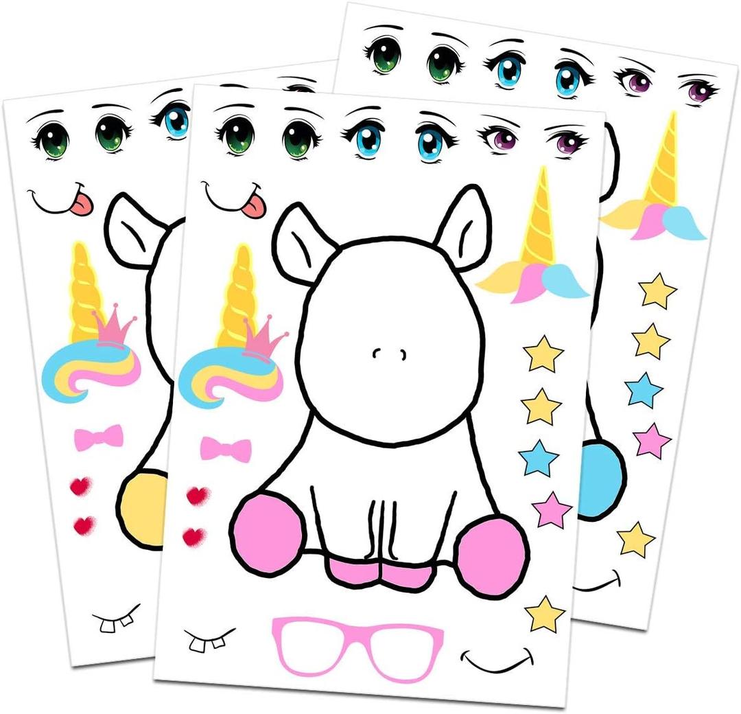 PartyNow Unicorn Stickers (24-Pack) with Changeable Faces - Rainbow Unicorn Party Favors for Kids