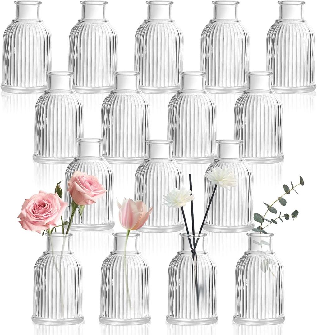 DomeStar 16PCS Glass Bud Vases for Flowers, 3.8inch Small Flower Vase in Bulk Clear Mini Ribbed Vases for Centerpieces Suitable for Modern Wedding Reception Baby Shower Table Decorations