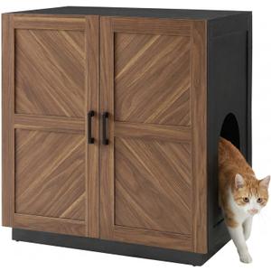unipaws Cat Litter Box Enclosure Furniture with Storage Shelf, Tall Hidden Litter Box Cover for Tall or Top Entry Litter Box, Kitty Enclosed Cabinet, Cat Box with Odor Control, Walnut and Black