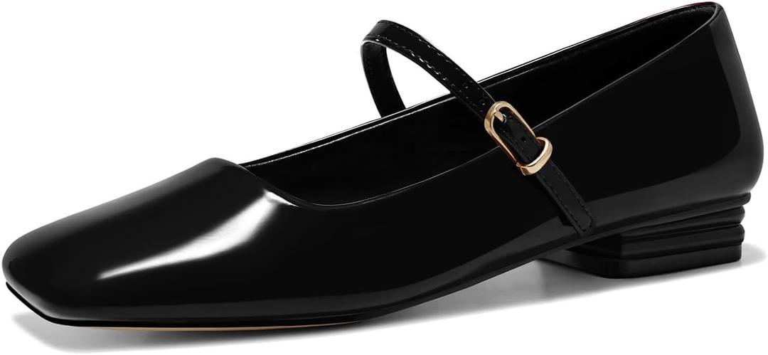Coutgo Women's Mary Jane Flats Closed Square Toe Ballet Flat Dressy Comfortable Slip on Shoes (8, Black)
