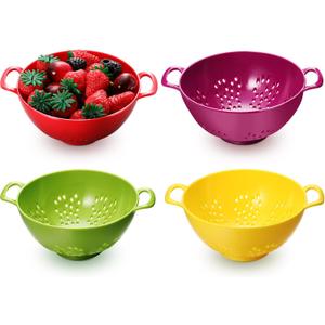 Baderke 4 Pack Mini Colander for Kitchen Plastic Berry Strainer with Double Handles 7.5 x 6 x 3 Inch Small Colander Strainer for Fruits Vegetables Food (Green, Purple, Red, Lemon Yellow)