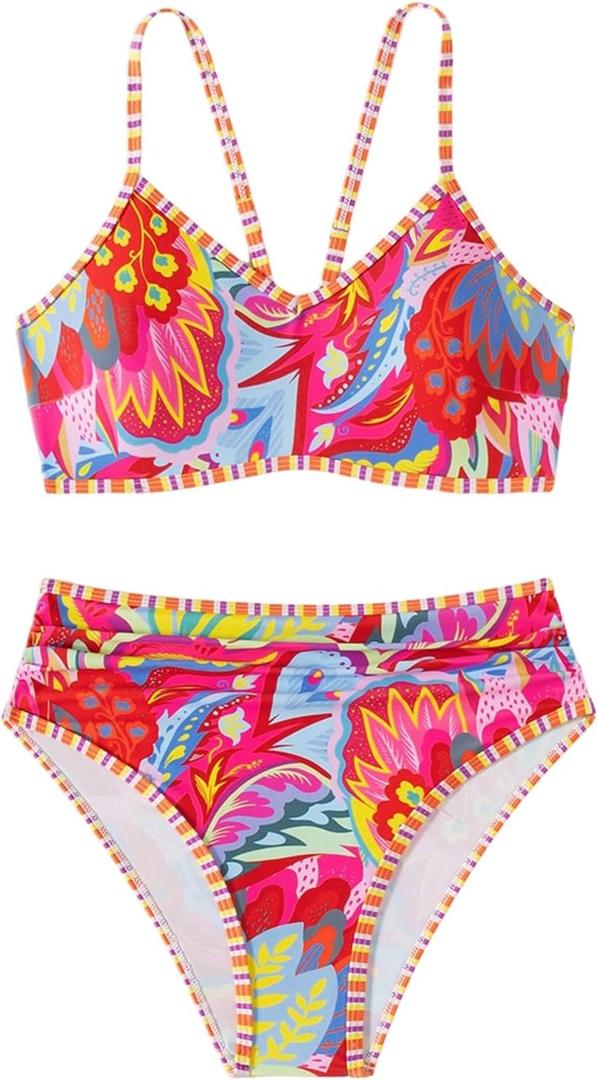 MakeMeChic Women's High Waisted Bikini Sets Bathing Suit Swimsuit Tropical Boho Swimwear, Large