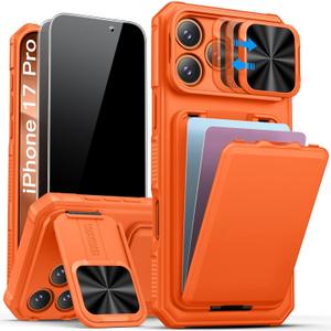 SSLOTSCASE for iPhone 17 Pro Case 2X Privacy Screen Protector, Wallet & Sliding Lens Cover & Kickstand & Credit Card Holder, Military-Grade Heavy Duty Hard Phone Cover for iPhone 17 Pro 6.3'', Orange