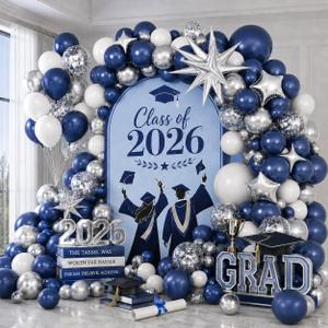 Blue Silver Balloon Garland Arch Kit, Navy Blue White Balloon Arch Kit, Metallic Silver Confetti Balloons Star Foil Balloons for Graduation Father's Day Dad Birthday Wedding Baby Shower Party Decor