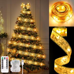 32Ft 100 LED Christmas Tree Copper Wire Ribbon Bows Lights with 8 Lighting Modes, Battery Operated & USB Powered Fairy String Lights with Timer for Xmas Tree Decor (Warm White)