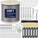 1/8" Wire Rope Kit 236FT Stainless Steel Aircraft Cable with M5 Turnbuckles, 7x7 Strand Core Vinyl Coated Guy Wire Tensioner Kit for Garden String Light, Pictuer, Clothes, Curtain Hanging